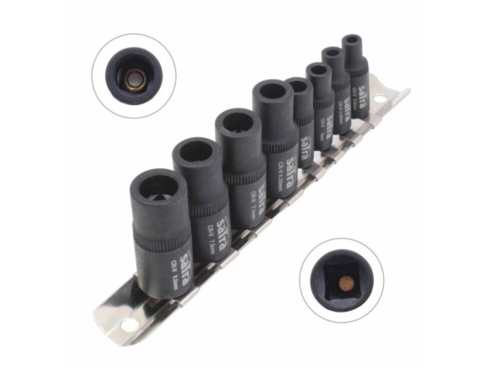 Nástrčné hlavice pro upnutí závitníků, magnetické, 1/4" a 3/8", 8 ks na liště - SATRA