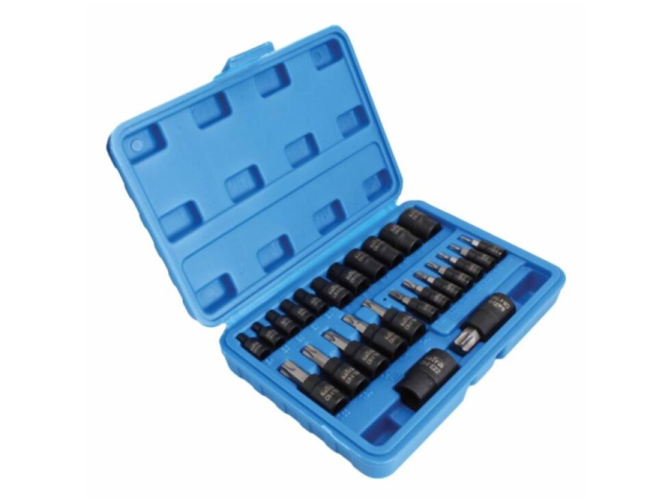 Zástrčné a nástrčné hlavice 1/4", 3/8" a 1/2” TORX a TORX-E, sada 25 ks - SATRA