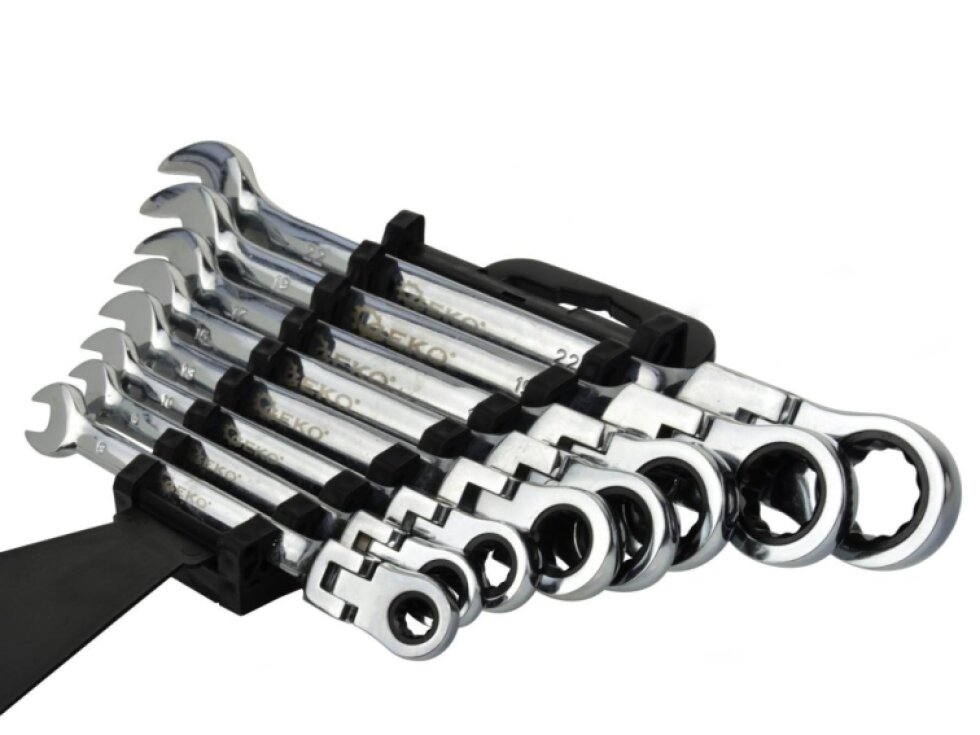 Klíče ráčnové očkoploché s kloubem, sada 8ks, 8–22 mm, plastový držák – GEKO G10338