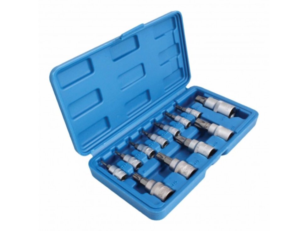 Zástrčné hlavice TORX-TS s otvorem 1/4", 3/8" a 1/2", TS8-TS60, sada 12 ks - SATRA
