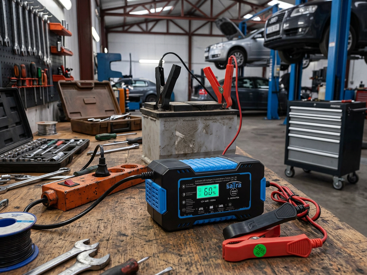 Nabíječka autobaterií s LCD, 12 V, 6A, 4-100 Ah - SATRA