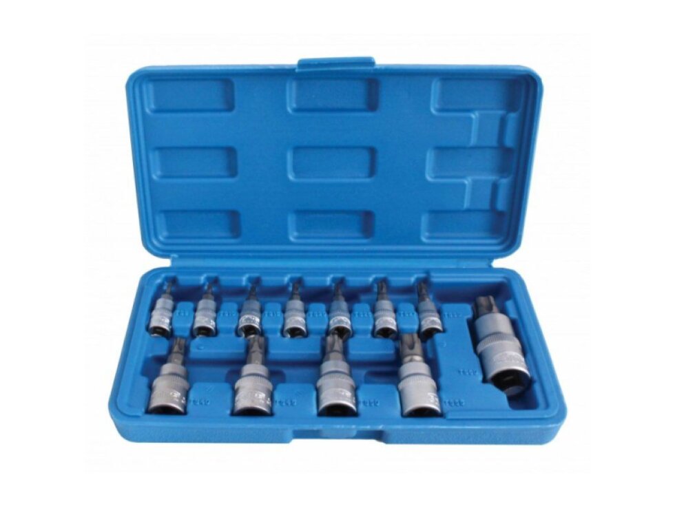 Zástrčné hlavice TORX-TS s otvorem 1/4", 3/8" a 1/2", TS8-TS60, sada 12 ks - SATRA