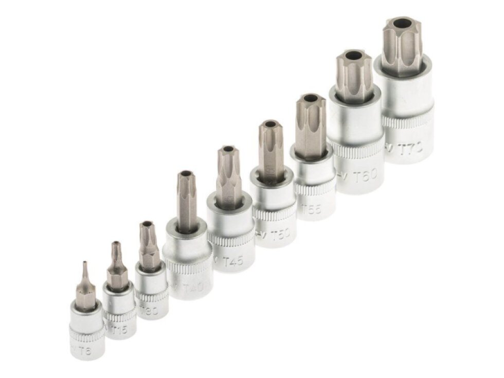 Nástrčné a zástrčné hlavice TORX, 1/4”, 3/8” a 1/2”, sada 60 ks - SATRA