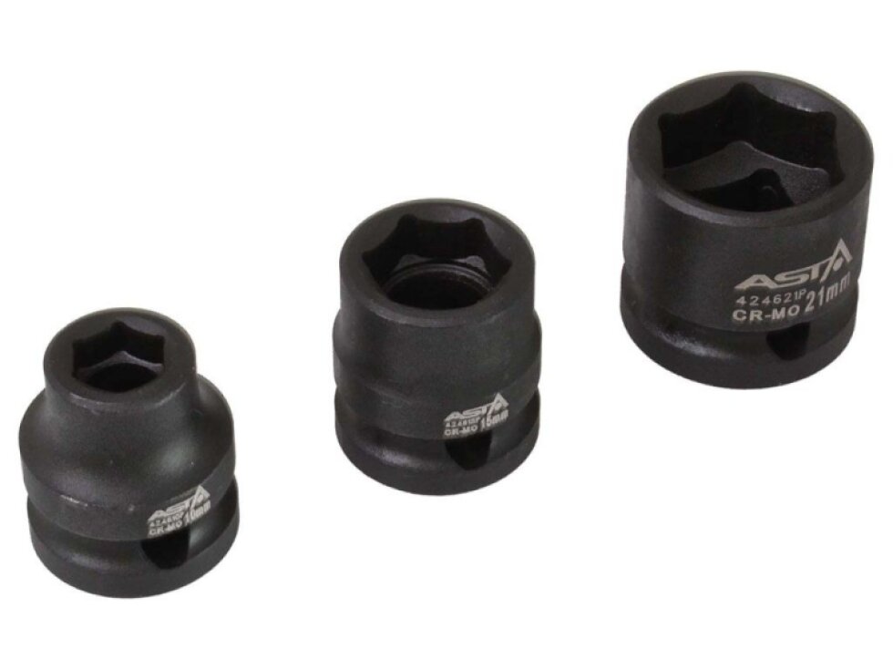 Hlavice nástrčné úderové 1/2", 10-24 mm, 6hranné extra krátké 28 mm, 15 ks na liště - ASTA