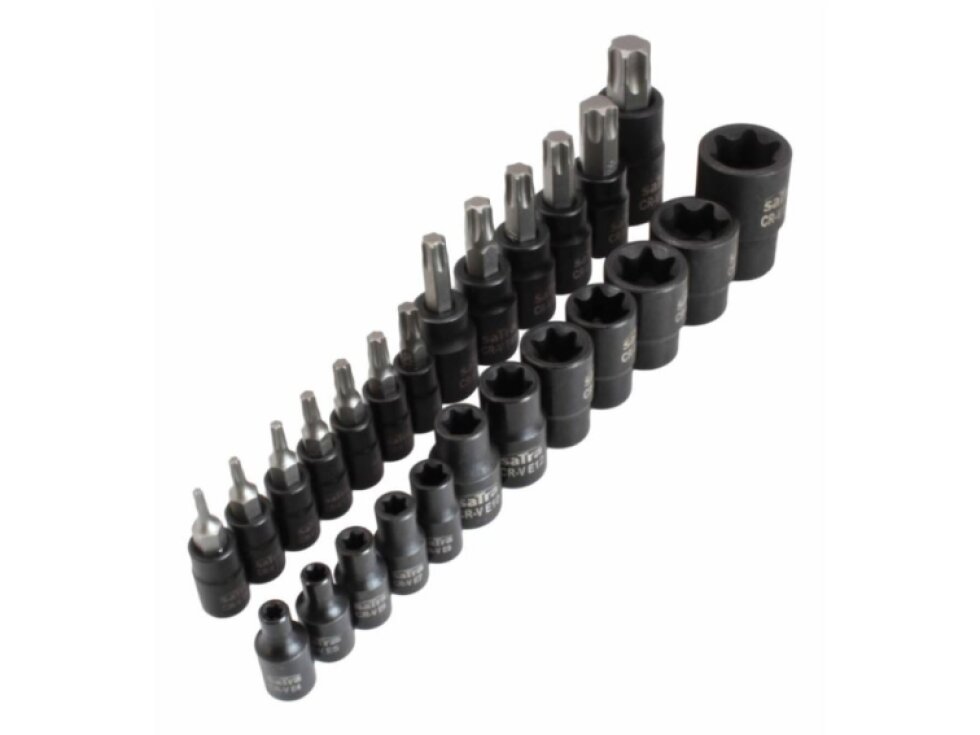 Zástrčné a nástrčné hlavice 1/4", 3/8" a 1/2” TORX a TORX-E, sada 25 ks - SATRA