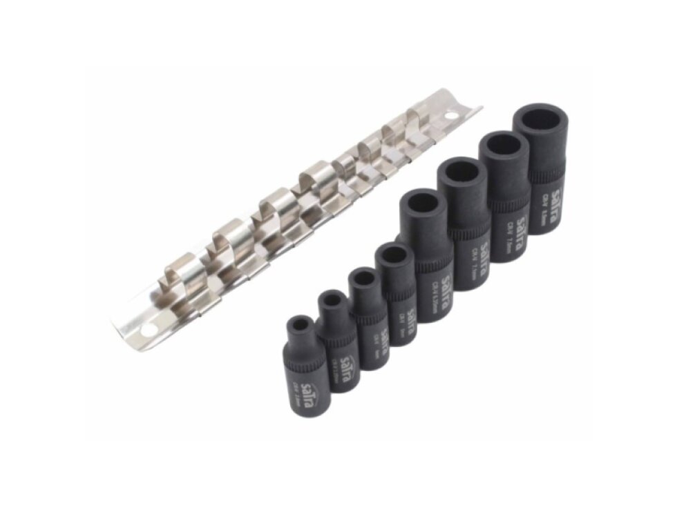 Nástrčné hlavice pro upnutí závitníků, magnetické, 1/4" a 3/8", 8 ks na liště - SATRA