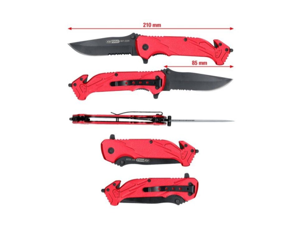 Nůž taktický kapesní zavírací, řezač pásů a rozbíječ skla, délka 21 cm - KS TOOLS 907.2220