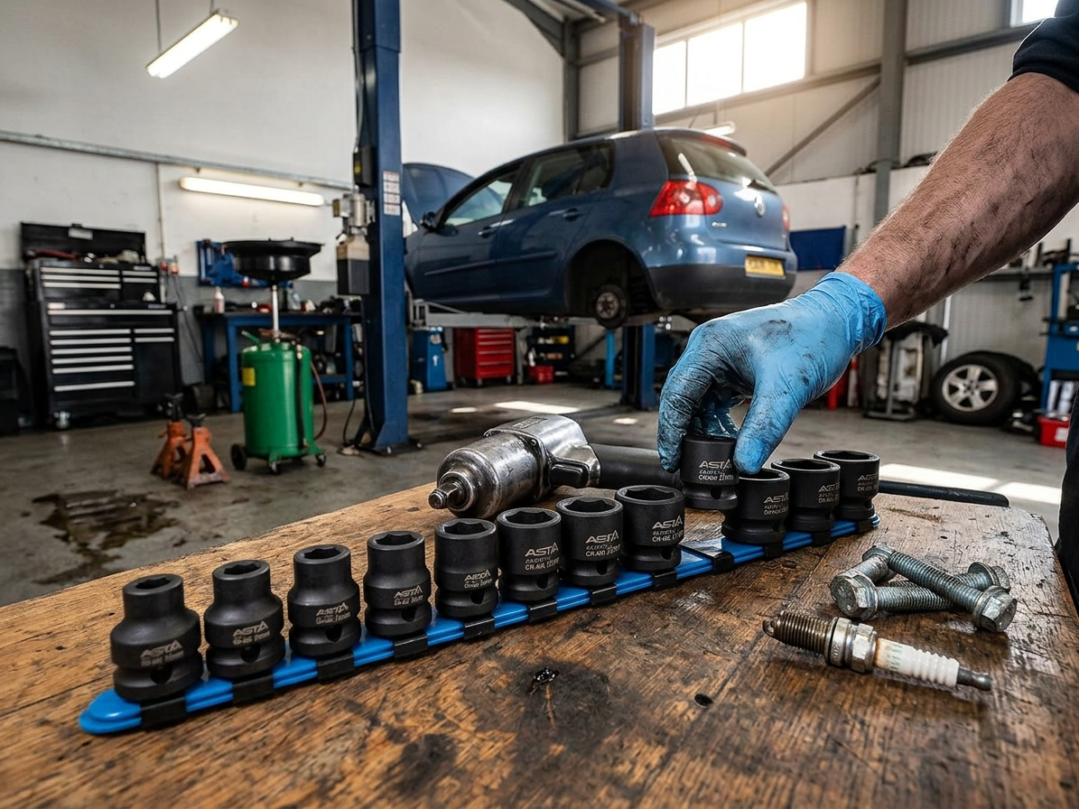 Hlavice nástrčné úderové 1/2", 10-24 mm, 6hranné extra krátké 28 mm, 15 ks na liště - ASTA