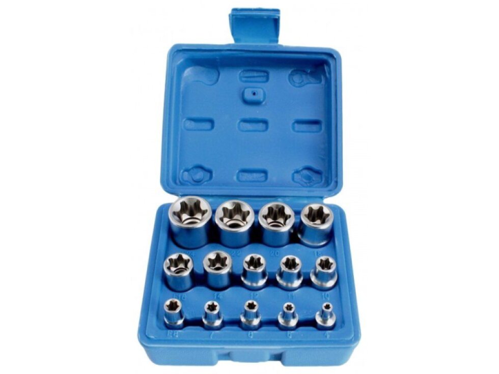 Hlavice 1/4”, 3/8” a 1/2” nástrčné TORX-E, vel. E4-E24, sada 14 ks - SATRA