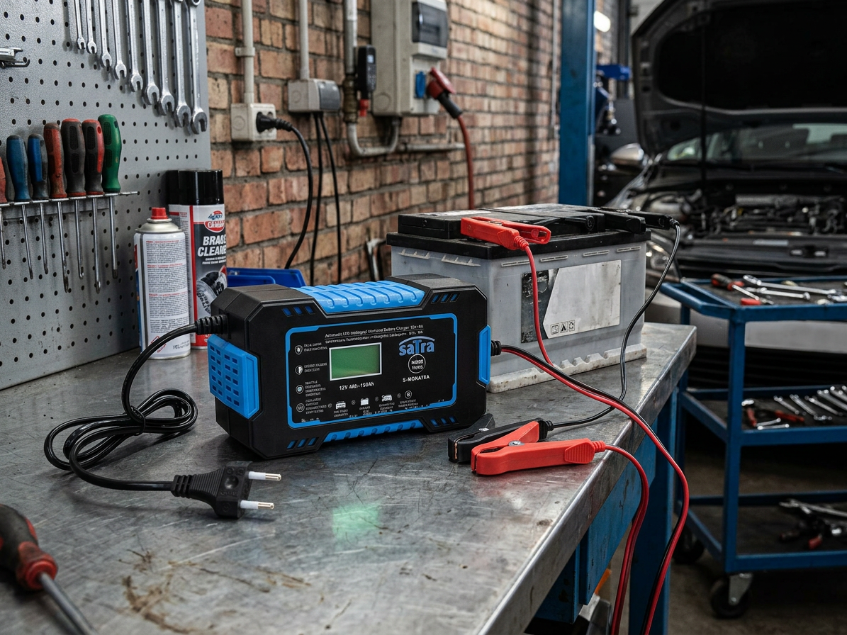 Nabíječka autobaterií s LCD, 12 V, 6A, 4-100 Ah - SATRA