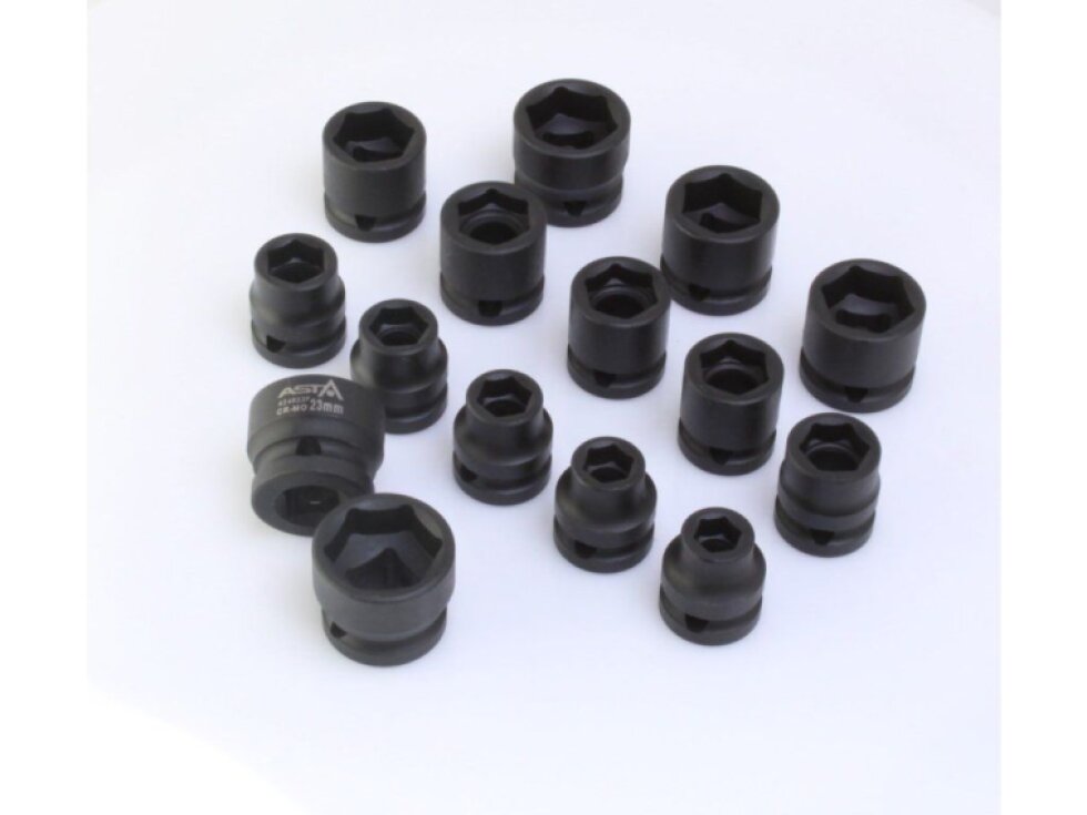 Hlavice nástrčné úderové 1/2", 10-24 mm, 6hranné extra krátké 28 mm, 15 ks na liště - ASTA