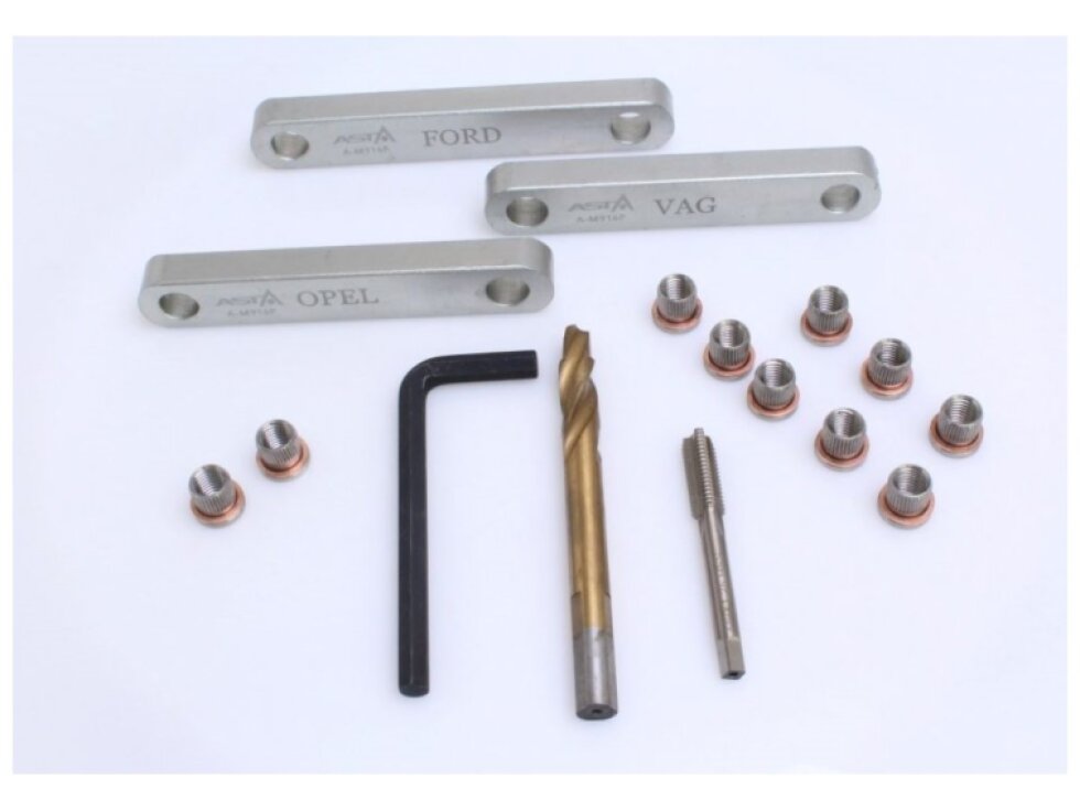 Přípravky na opravu závitů vodítek brzdičů M9x1,25mm na VAG, Opel, Ford, sada 16 ks - ASTA
