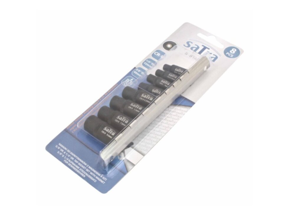 Nástrčné hlavice pro upnutí závitníků, magnetické, 1/4" a 3/8", 8 ks na liště - SATRA