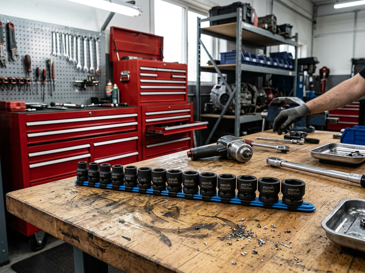 Hlavice nástrčné úderové 1/2", 10-24 mm, 6hranné extra krátké 28 mm, 15 ks na liště - ASTA
