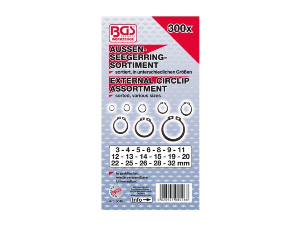 Pojistné kroužky seger, vnější, velikosti 3-32 mm, sada 300 ks - BGS 8046