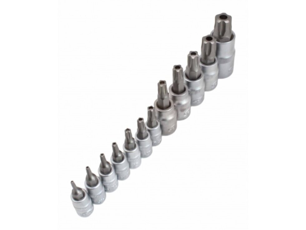 Zástrčné hlavice TORX-TS s otvorem 1/4", 3/8" a 1/2", TS8-TS60, sada 12 ks - SATRA