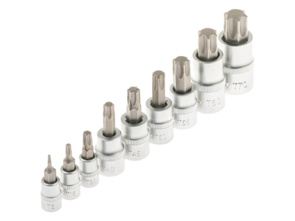 Nástrčné a zástrčné hlavice TORX, 1/4”, 3/8” a 1/2”, sada 60 ks - SATRA