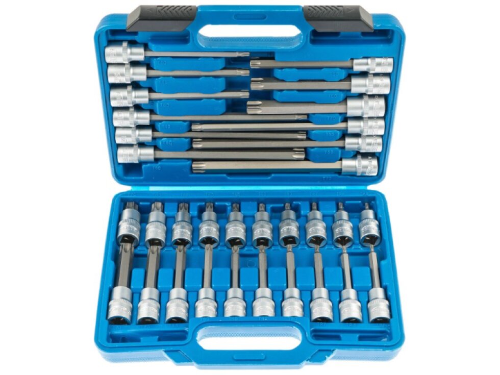 Zástrčné hlavice TORX 1/2", standardní, prodloužené a extra dlouhé, T20-T70, 32 ks - SATRA