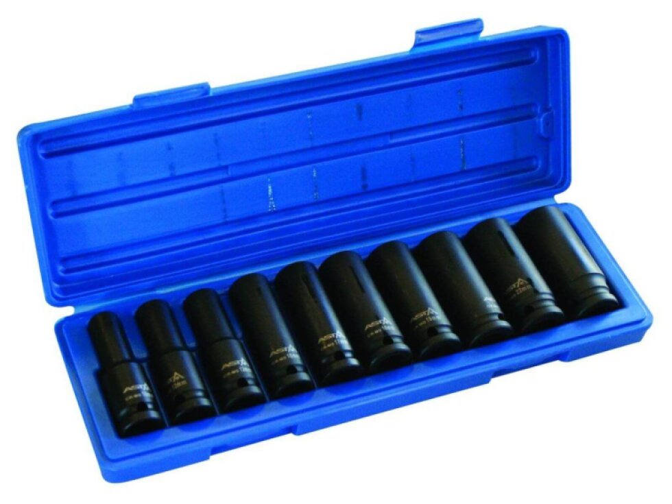 Hlavice nástrčné úderové 1/2", 10 - 24 mm, 6hranné, prodloužené, sada 10 ks