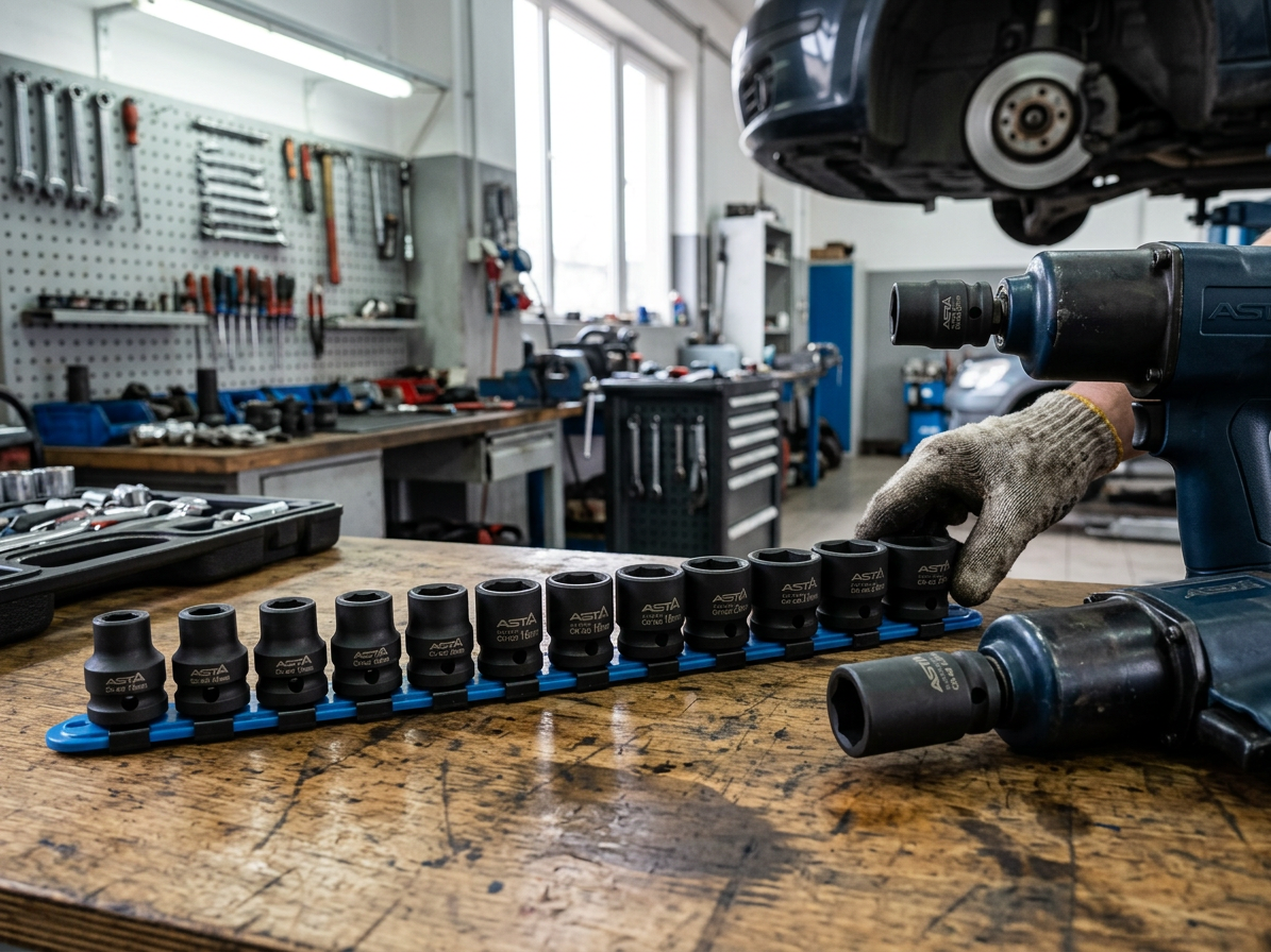 Hlavice nástrčné úderové 1/2", 10-24 mm, 6hranné extra krátké 28 mm, 15 ks na liště - ASTA