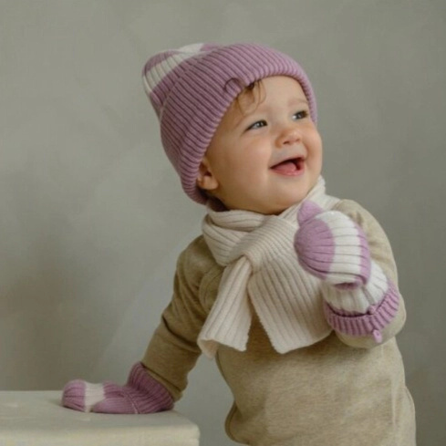 Lodger Čepice Stripe Merino - Mauve, 0 - 3 měsíce