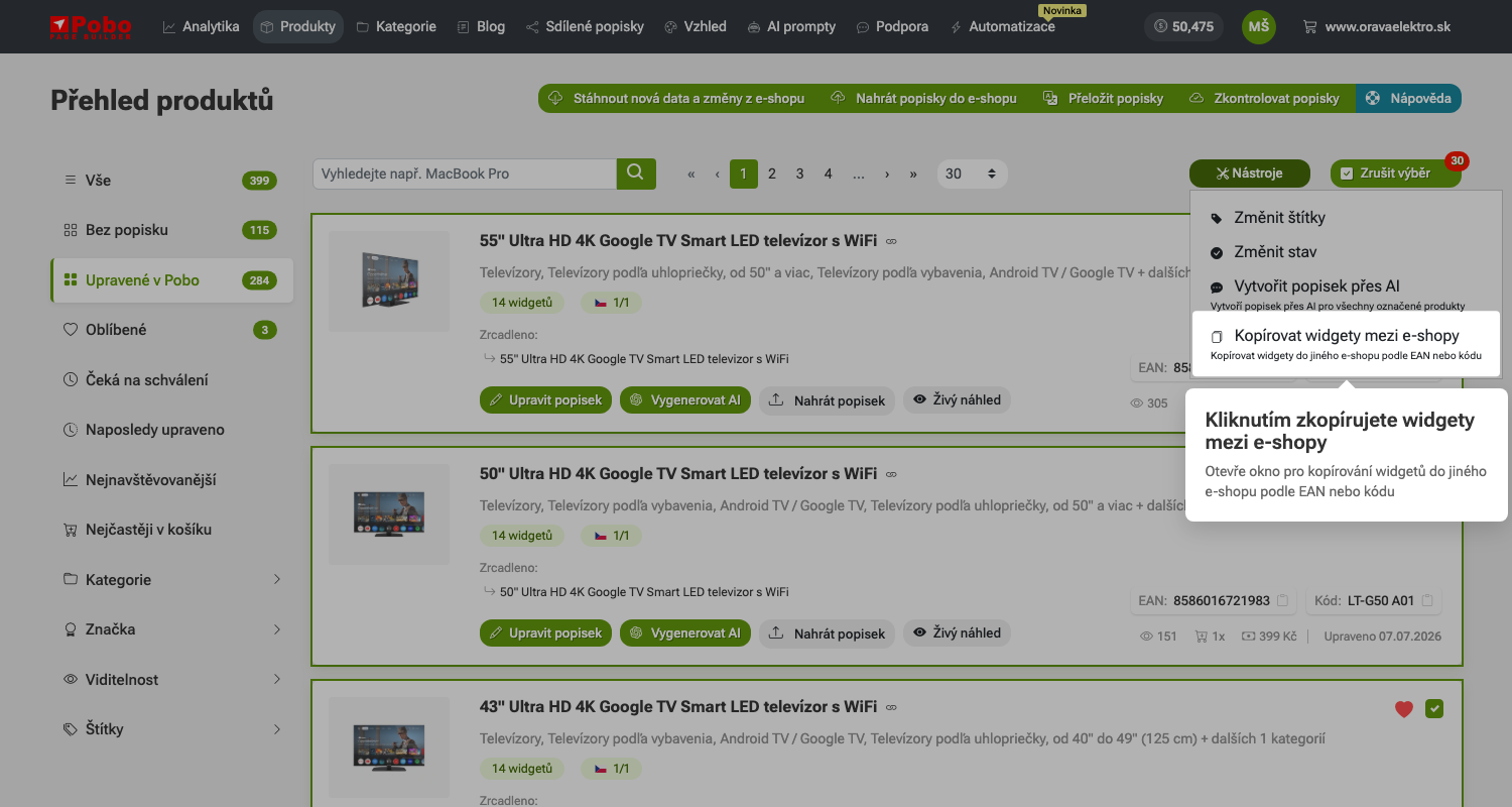 Jak kopírovat popisky mezi e-shopy v Pobo Page Builder