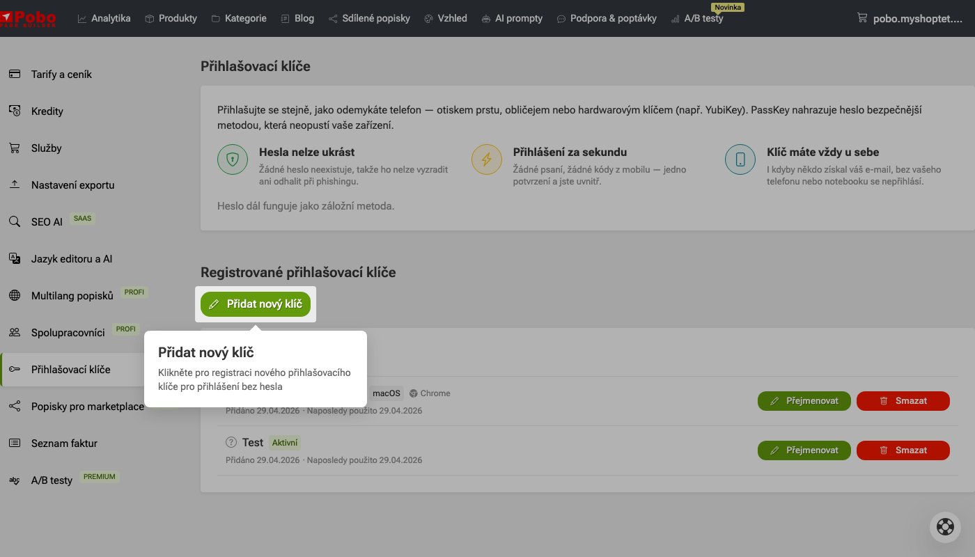 Jak nastavit přihlašovací klíče (passkeys)