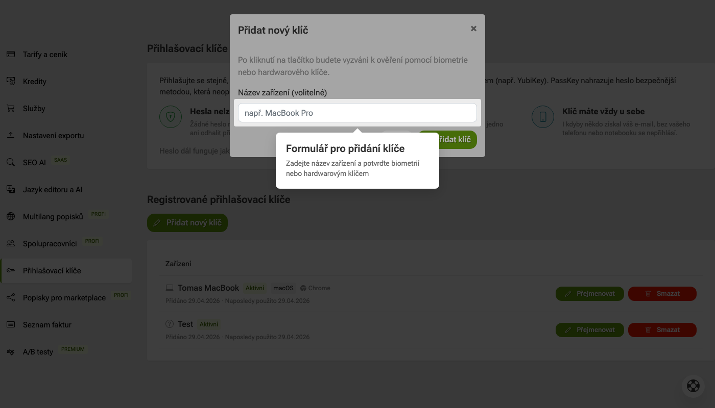 Jak nastavit přihlašovací klíče (passkeys)