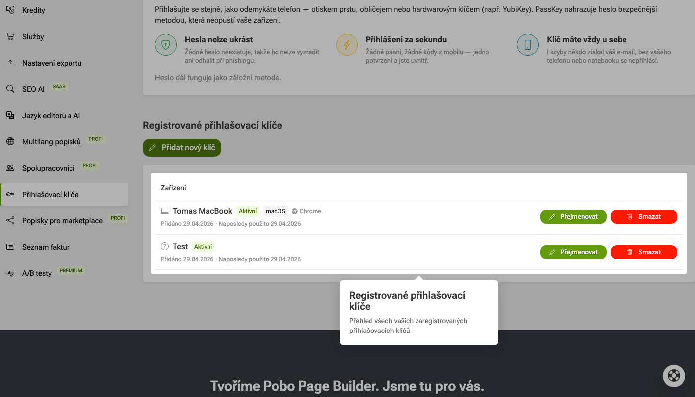 Jak nastavit přihlašovací klíče (passkeys)