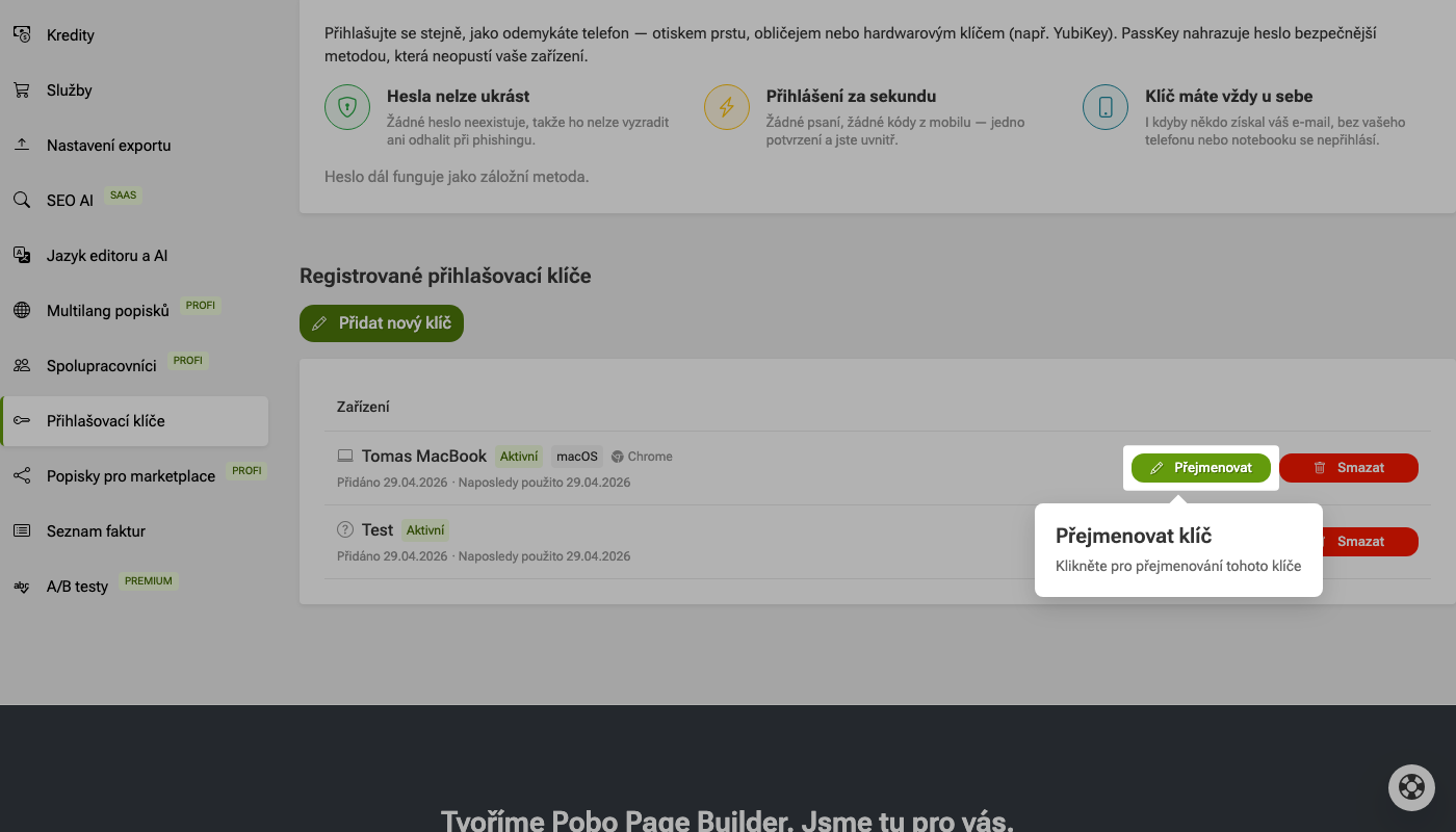 Jak nastavit přihlašovací klíče (passkeys)